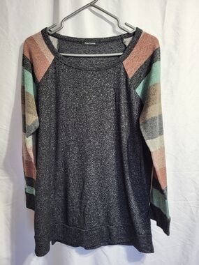 Pink Clover Sparkle Black Pullover with Colorblock Sleeves, Size Large